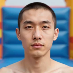 a perfect portrait of a man whose skin forms a bouncy castle. he has at least 4 0 0 people inside, leaping and laughing. bright red yellow blue and green plastic embraces him like a kidnapper.