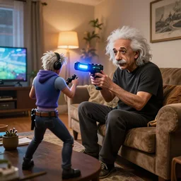 albert einstein playing fortnite in his living room