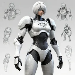 professional engineering CAD assembly diagram of a realistic android bodyguard modeled after 2B from Nier Automata with detailed ceramic tile armor plates and carbon frame, solidworks, catia, autodesk inventor, unreal engine, gynoid cad design inspired by Masamune Shirow and Boston Dynamics and Ross Tran and WLOP, product showcase, octane render 8k