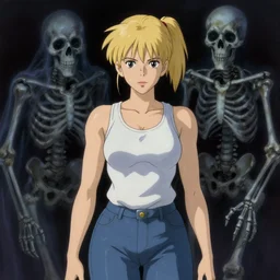 portrait of a woman being stalked by ghostly skeleton, blonde ponytail, tank top, jeans, horror, film still, finely detailed features, baroque, digital painting, studio ghibli, tankobon, painted by ilya kuvshinov and takashi takeuchi
