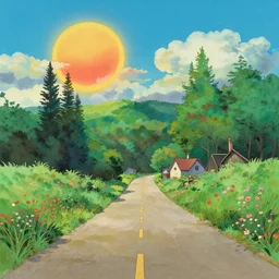 empty village runway panorama in the woods with beautiful sky and giant sun, bloom, on, painting by ghibli pixar ghibli disney traditional gouache painting