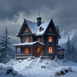 haunted house on a snowy mountain, greg rutkowski, thomas kinkade, artstation