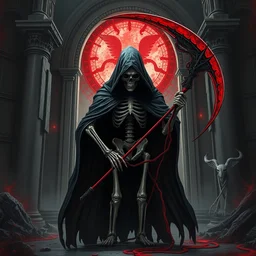 in front of the gates of hell, cloak - clad skeletal remains of the grim renegade with a scythe for the soul, ominous, realistic smooth detailed artwork, intricate lines, clear focus, conceptual art, black and red color, arsen asyrankulov, antonino truisi