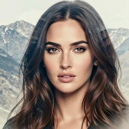 megan fox face faded in beautiful realistic majestic mountains, double exposure effect, medium sized tattoo sketch, amazing detail, trending on pinterest, in the style of brandon kidwell