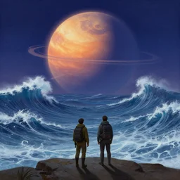 the eternal twilight planet, brave waves ocean, two explorers on the foreground, art by emmanuel shiu _ w 7 6 8