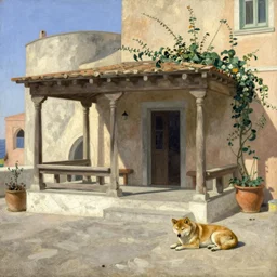 a loggia from procida with a sleeping shiba inu by martinus rørbye, 1 8 3 5,