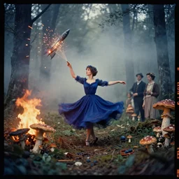 kodak portra 4 0 0, wetplate, muted colours, blueberry, 1 9 3 0 s style, dancing himmera in a forest full of mushrooms, fire, motion blur, rockets, bombs, sparks, haze, fog, by georges melies and by britt marling
