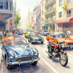 a hiper intricate watercolor of a beatifull low angle wide shot, street scene, retro futuristic vintage shiny polished traffic mainly cars and motorcycles, extremely detailed, sharp focus, wide view, smooth, digital illustration, colorfull, by william turner art, by greg rutowski, by carl larson, by edmund dulac