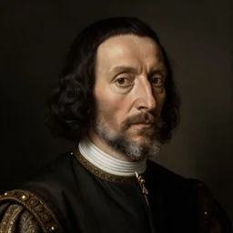 a highly detailed renaissance portrait of an old, black haired haired, square faced, and tan skinned nobleman by Leonardo da Vinci