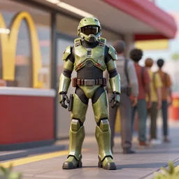 master chief waiting in line at mcdonalds