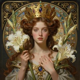 portrait of a gorgeous young gladioli queen, uniquely beautiful, surreal, fantasy, ornamental, intricate, elegant, dramatic lighting, emotionally evoking symbolic metaphor, highly detailed, lifelike, photorealistic, digital painting, artstation, concept art, smooth, sharp focus, illustration, art by John Collier and Krenz Cushart and Artem Demura and Alphonse Mucha and Albert Aublet