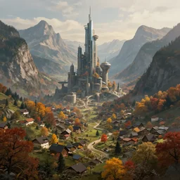 portrait of a mountain valley city, 1 8 th century village in autumn, utopia, futuristic, skyscrapers, mountains, fantasy, trending on artstation