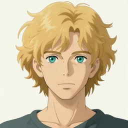 young man with medium - length, curly, golden hair, perfectly proportioned face, aquamarine eyes, natural lighting, path traced, highly detailed, high quality, cartoon, digital painting, by new haicheng and studio ghibli