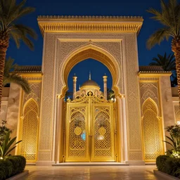highly detailed intricate golden arabic garden gate to magical lands at night