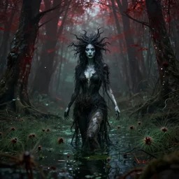 phantom maiden with razer sharp hair immerging from the swamp covered in locusts in a dark forest covered in a bloody haze 4 k resolution