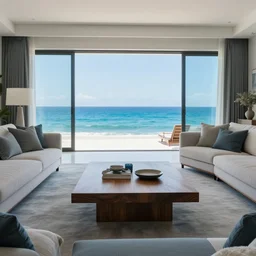A modern living room in a ocean hues style, inspired by the ocean, ocean view, luxurious wooden coffee table, calm, relaxed style, harmony, wide angle shot, 8k resolution