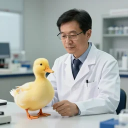 a duck scientist wearing a labcoat, duck sits at a table, scientist is a duck, not human super resolution, 8k
