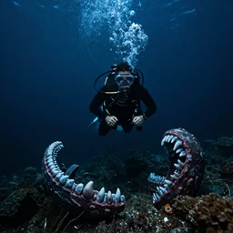 scuba diver underwater in darkness surrounded by teeth-like nightmares in the dark, cinematic, 4k,
