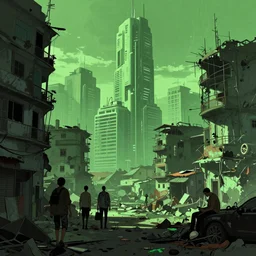 cyberpunk city, green color scheme, abandoned, futurism, poverty, slum, people, by craig mullins, by marc simonetti