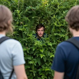 tim heidecker hiding in a bush getting ready to spook some people