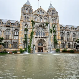 A wide angle photo of the Hintze Hall at the Natural History Museum flooded with water, there’s a waterfall and vines growing up the walls, tropical, misty and beautiful inside, dappled light, sun rays through the windows, butterflies and birds, glistening, magical, camera partially submerged, you can see fish