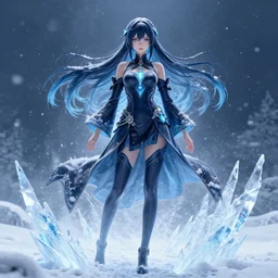 photorealistic full shot of masterpiece dark anime girl, posing, electric aura with particles, snowing frozen ice, darkness background, inspired by masami kurumada, akira toriyama, detailed, unreal engine 4 k, volumetric light, fog