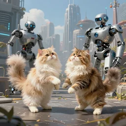 two dancing persian cats in a robot city, highly detailed, digital painting, sharp focus, fantasy art