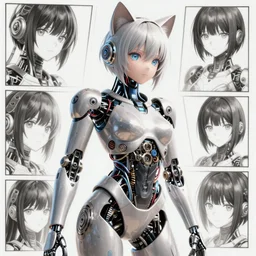 Anime manga robot!! catgirl tattoo, cyborg catgirl, exposed wires and gears, fully robotic!! catgirl, manga!! in the style of Junji Ito, Hayao Miyazaki and Naoko Takeuchi, cute!! chibi!!! catgirl, tattoo on upper arm, arm tattoo