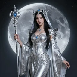 elemental moon witch in ornate silver robes and staff, highly detailed, 8 k, hdr, anne stokes