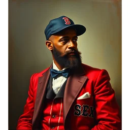 official side portrait of united states president david big papi ortiz, in a boston red sox suit, 1 7 8 8, a character portrait by cassius marcellus coolidge, reddit contest winner, american romanticism, oil on canvas, detailed painting, creative commons attribution