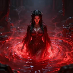 an ancient sorceress emerging from a deep red glowing swirling pool glowing with whisps of smoke , octane render, UHD