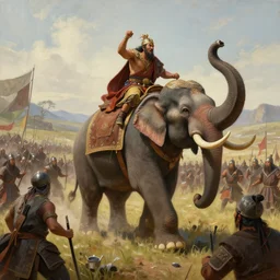 matte painting of a beautiful batttlefield of tai ethnic group versus mongol empire, a tai ethnic warlord rides an asian war elephant with emotional movement in the center of the battlefield, digital art trending on artstation, elegant, loin cloth, highly detailed, oil painting, artstation, concept art, matte, sharp focus, illustration, hearthstone, art by earl norem