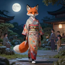 full body portrait of a female anthropomorphic melanated fox fursona wearing an ornate kimono in a zen garden at night. moonlight character design by disney, charlie bowater, ross tran, artgerm, and makoto shinkai, detailed, soft lighting, rendered in octane