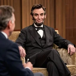high resolution photograph of a smiling Abraham Lincoln sitting on a couch taking questions from Richard Cavett during a 1968 talk show