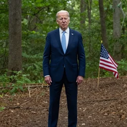 an image of joe biden standing in a forest looking confused. an american flag stuck in the ground in the back.
