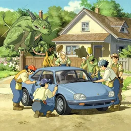 A retro illustration of a group of gargoyle mechanics fixing a car at a suburban home driveway, by studio ghibli, alariko, moebius