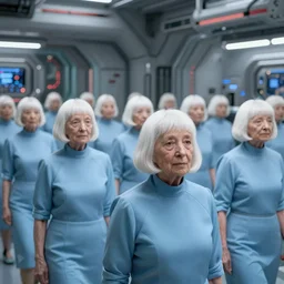 troop of grannies with white bob hairdos, tight light blue neopren suits, futuristic cloning facility, sci - fi, highly detailed, cinematic