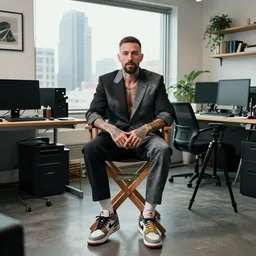 a photo portrait of a hipster creative executive, thin but muscular, tattoos peeking, short beard, sitting in director's chair in maximalist office, speaking to camera on a tripod, wearing a custom suit and custom jordan shoes, supreme brand colabs everywhere, skyscraper view out the window, in the style of stonepunk