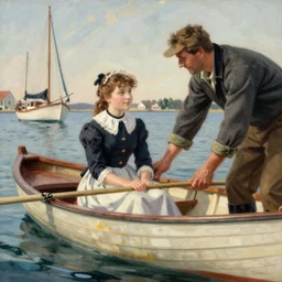 new england fisherman, riding in a rowboat with his beautiful victorian daughter, the helping hand by painted by emile renouf,