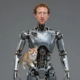 animatronic Mark Zuckerberg with kitten, exposed mechanics, photo, Stan Winston studios, detailed, 4k