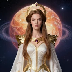 portrait of the powerful queen of the solar system in the style of anna dittmann and in the style of wayne barlowe. glowing, ornate and subtle, stunning, dynamic lighting, intricate and detailed.