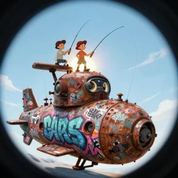 memorable animation key shot, fisheye lens, backlit, two kids fishing atop the rusty robot submarine schwerer gustav!!!! covered in bold grafitti!, paint drip, colorful! murals, studio ghibli, pixar, disney concept art watercolor illustration by craig mullins, dean cornwell, nc wyeth, satoshi kon!