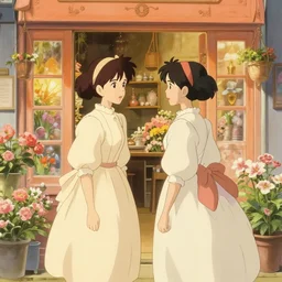 two girls in victorian dress looking around a cute flower shop, light orange color scheme, natural lighting, intricate details, cozy atmosphere, matte painting, illustration, hayao miyazaki