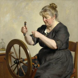 A 50 year old woman with graying blonde hair in a bun, slightly chubby, who looks like Barbara Streisand, is spinning yarn on a spinning wheel, by john singer sargent
