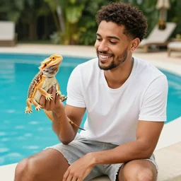 james charles holding a bearded dragon in his right hand sitting by the pool