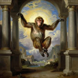 monkey at the gates of heaven, wide shot, oil on canvas, by raphael