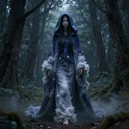 a full body portrait of a mysterious goddess with a very long hooded cloak made of stars and clouds walking through a forest,, by maciej kuciara and jason chan and makoto shinkai, ominous, cosmic horror, trending on artstation, ultra detailed, hyper realistic 4 k, volumetric light