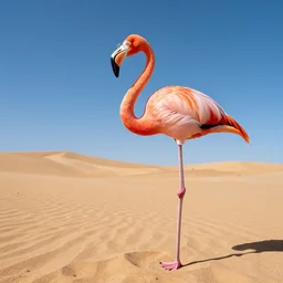flamingo with glasses in dune,wide angle , ultra realistic, award-winning photo, artstation