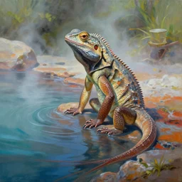 highly detailed oil painting of a lizard man sitting in a steaming colorful hotspring stream, featured on artstation