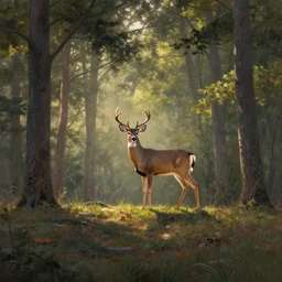 beautiful wooded landscape, wide shot of a realistic alert buck white tail deer with large antlers standing on top of a hill with light shining through the trees in the early morning, global illumination, volumetric shadows, volumetric lighting digital painting, trending on artem, trending on deviantart,